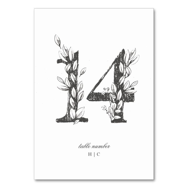 Table 14 Beautiful Floral Sketched Wreath Wedding Table Number (Front)