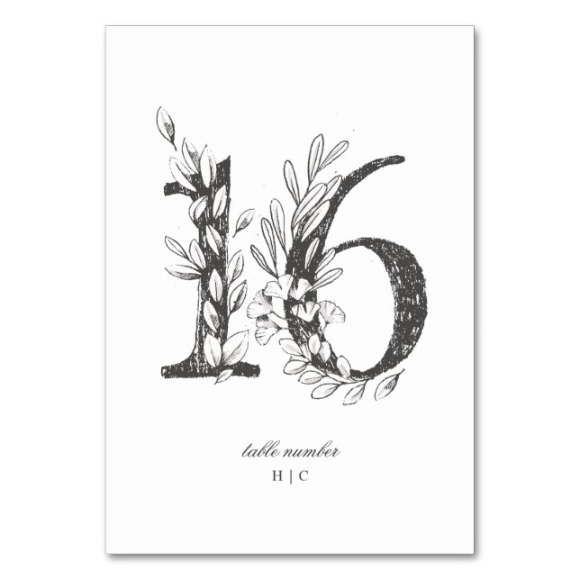 Table 16 Beautiful Floral Sketched Wreath Wedding Table Number (Front)