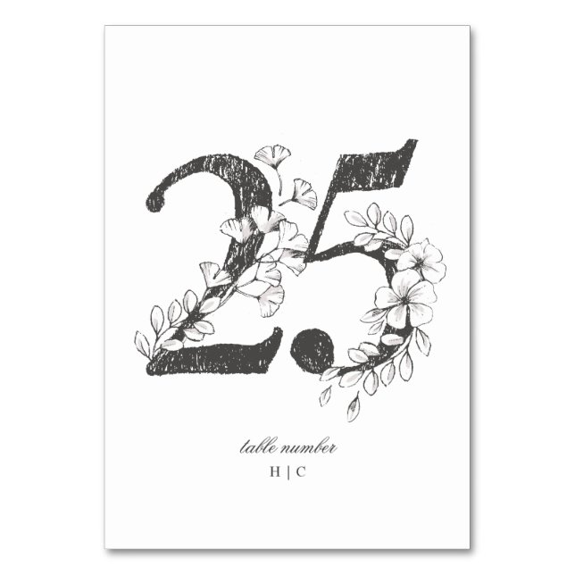 Table 25 Beautiful Floral Sketched Wreath Wedding Table Number (Front)