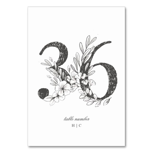 Table 36 Beautiful Floral Sketched Wreath Wedding Table Number (Front)