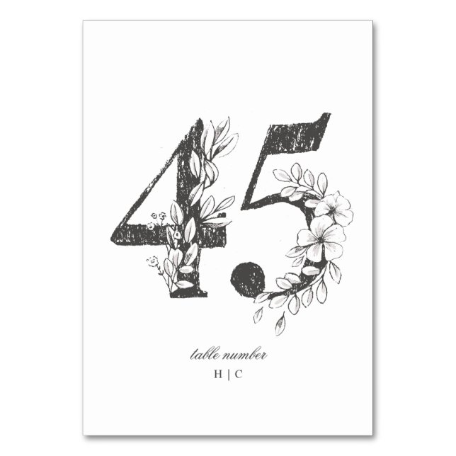 Table 45 Beautiful Floral Sketched Wreath Wedding Table Number (Front)