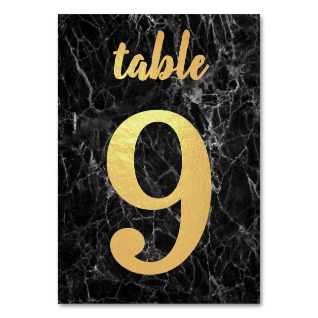 Table 9 Elegant Black Marble Faux Gold Foil Simple Table Number (Front)
