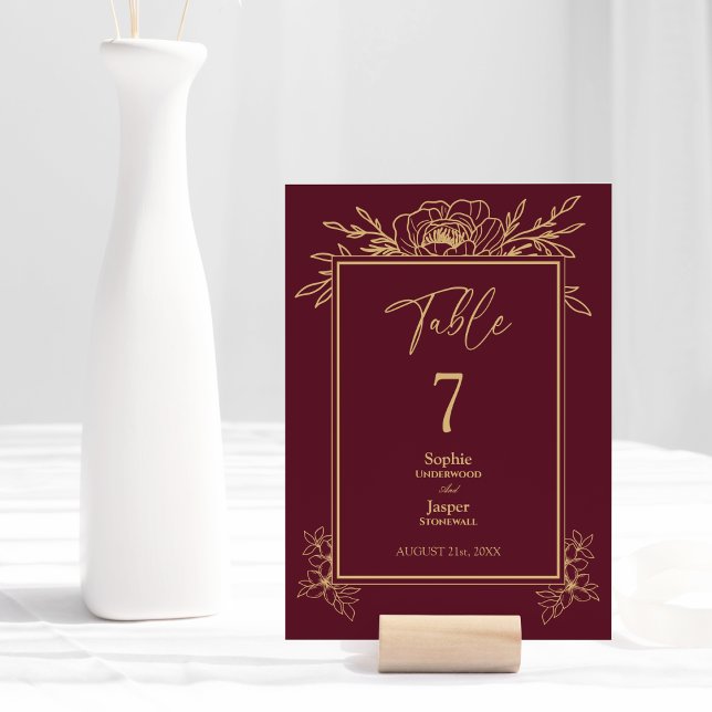 Table Burgundy Gold Floral Simple Mariage Numéro de tabl (Créateur téléchargé)