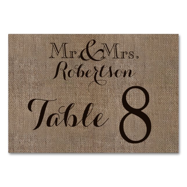 Table Burlap personnalisé Mariage rustique Numéro de tab (Devant)