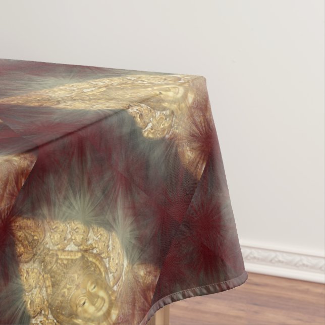 table coach golden buddha in dark red tablecloth (In Situ)