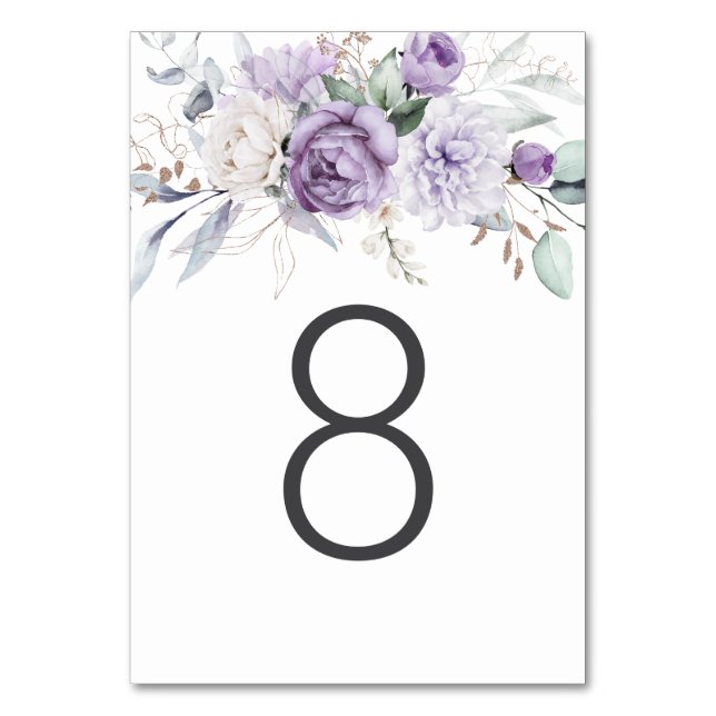 Table Eight Watercolor Purple Floral Wedding Table Number (Front)