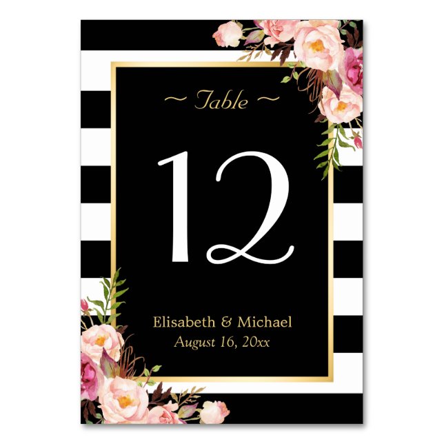 Table Élégant Mariage Floral Black Stripes Numéro de tab (Par défaut)