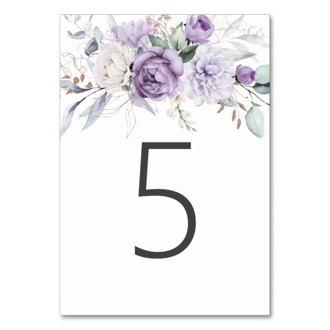 Table Five Watercolor Purple Floral Wedding Table Number (Front)