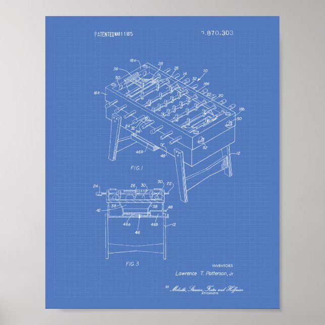Table Football Game 1975 Patent Art Blueprint Poster (Front)