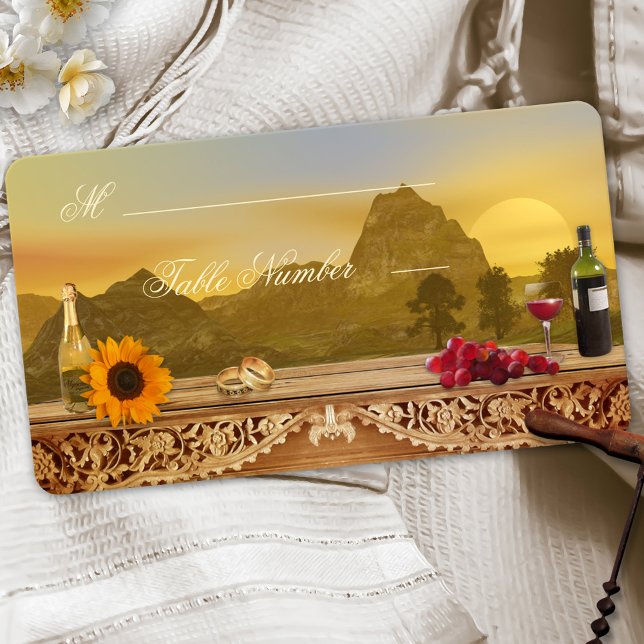 Table Mariage de automne Vignoble Place Cartes (Table Place Cards featuring a vintage Tuscan landscape with wine, grapes, a sunflower)