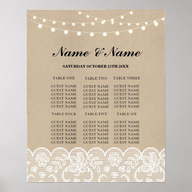 Table Mariage Rustic Lace Burlap Poster Siège (Devant)