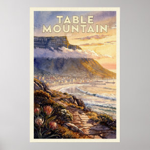 Table Mountain South Africa Vintage Travel Poster