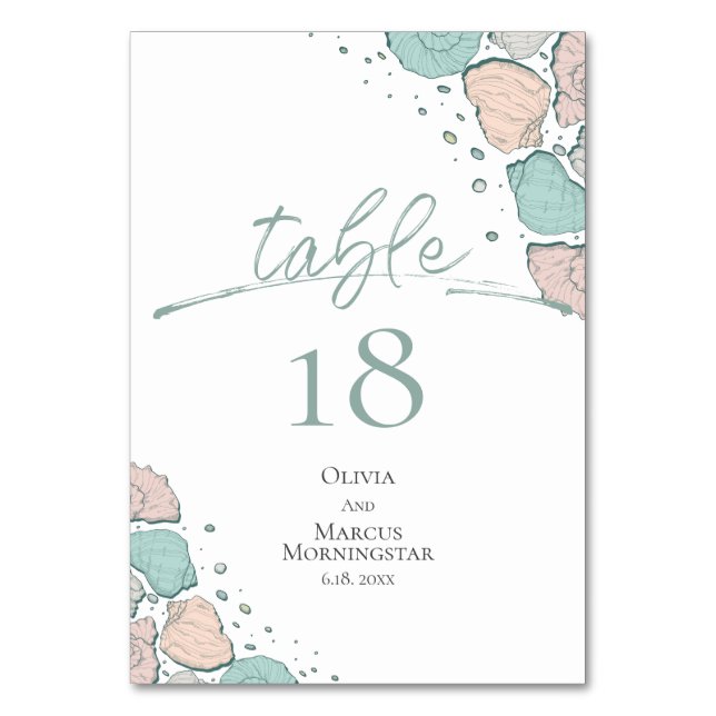 TABLE NUMBER | Beach Shells Teal and Coral (Front)