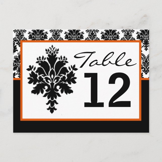 Table Number Card Black Orange Damask Lace Print (Front)