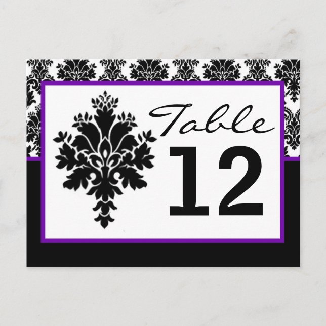 Table Number Card Black Purple Damask Lace Print (Front)