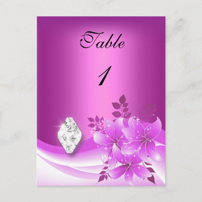 Table Number Card Pink Floral Diamond Jewel (Front)