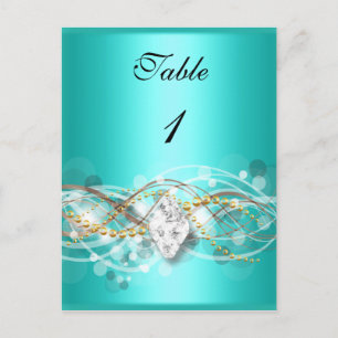 Table Number Card Teal Blue Gold Diamond Jewel