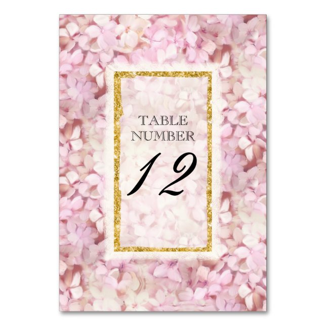 Table Number Card Wedding Pink Hydrangea Gold Faux (Front)