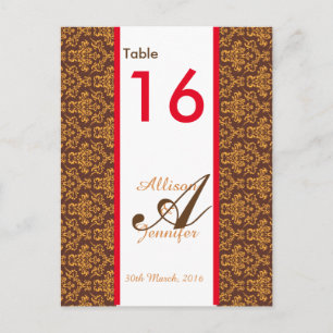 Table Number Cards Damask Brown Orange Red