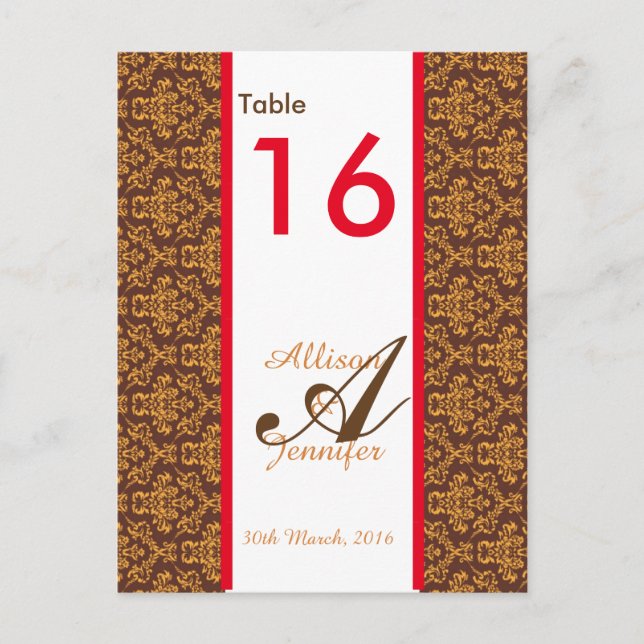 Table Number Cards Damask Brown Orange Red (Front)