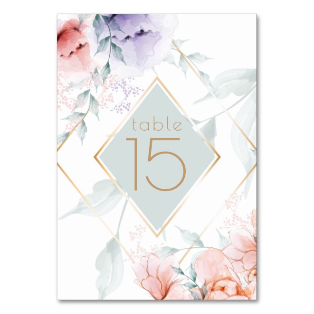 Table Number | Coral Lilac Aquarelle Peonies (Back)