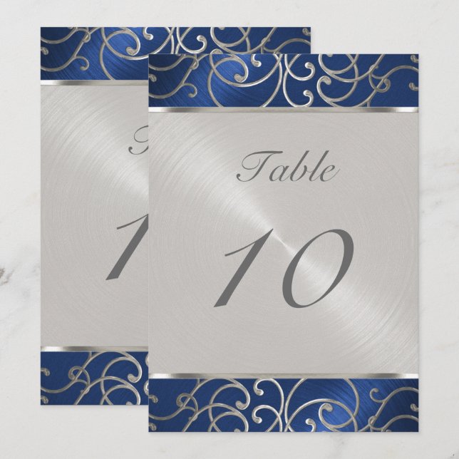 Table Number Elegant Blue and Silver Filigree (Front/Back)