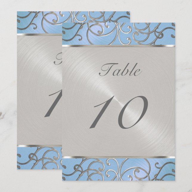 Table Number Elegant Sky Blue and Silver Filigree (Front/Back)