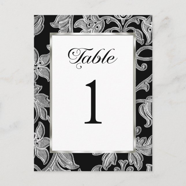 Table Number Embossed Silver Damask Postcard (Front)