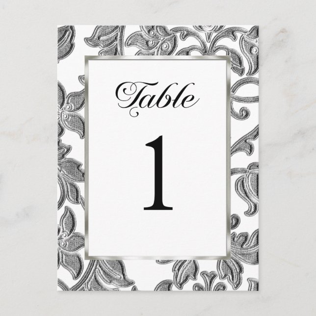 Table Number Embossed Silver Damask Postcard (Front)