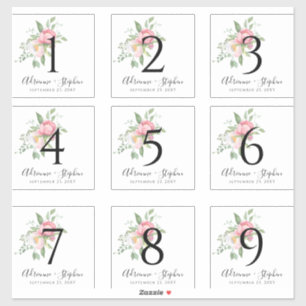 Table Number Labels for Wine Bottles Pink Floral