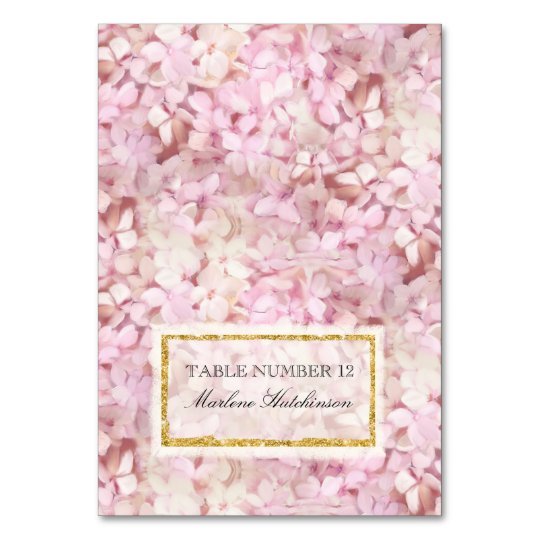 Table Number Place Card Pink Hydrangeas Gold Faux