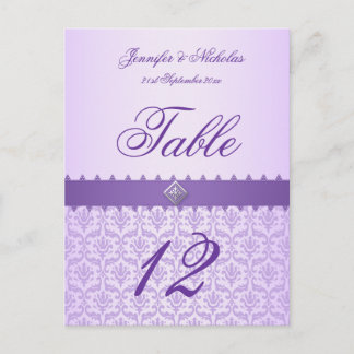Table Number Postcard Lilac Damask & Ribbon