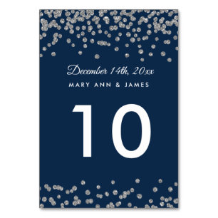 Table Number Silver Faux Glitter Confetti Navy