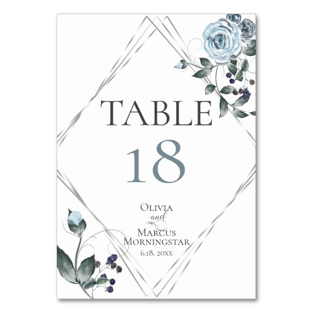 TABLE NUMBER | Watercolor Dusty Blue Floral Silver (Front)