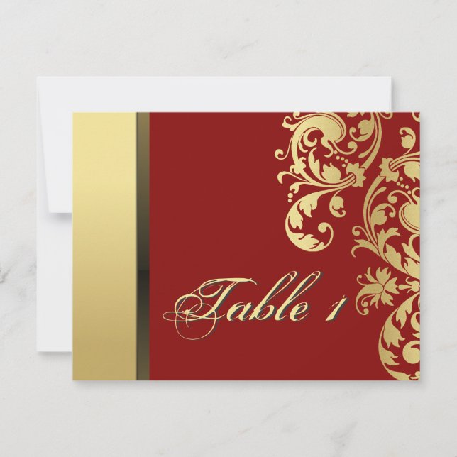 Table Number Wedding Card - Red & Gold Floral (Front)