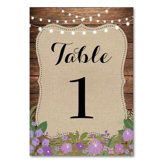 Table Number Wedding Rustic Burlap Lights Purple (Front)