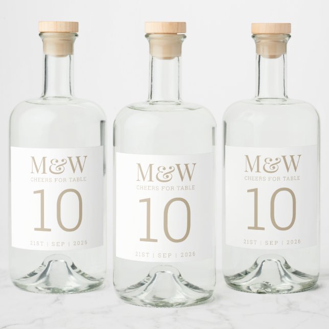 Table Number White Gold Monogram Wedding Liquor Bottle Label (Bottles)