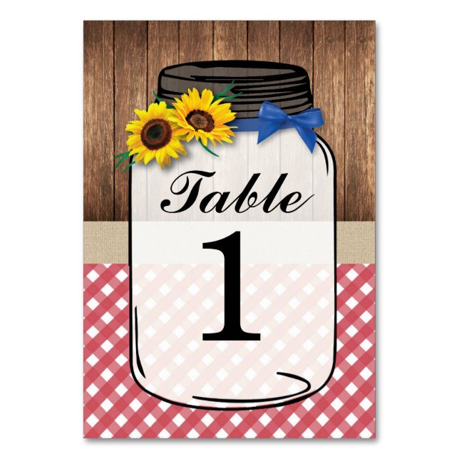 Table Numbers Wedding Sunflower Jar Wood Red Check (Front)