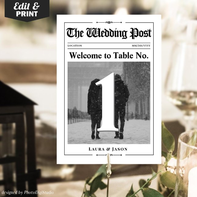 Table Numéro de la photo moderne Journal Mariage de la c (Modern Photo Table Number Card Wedding Newspaper)