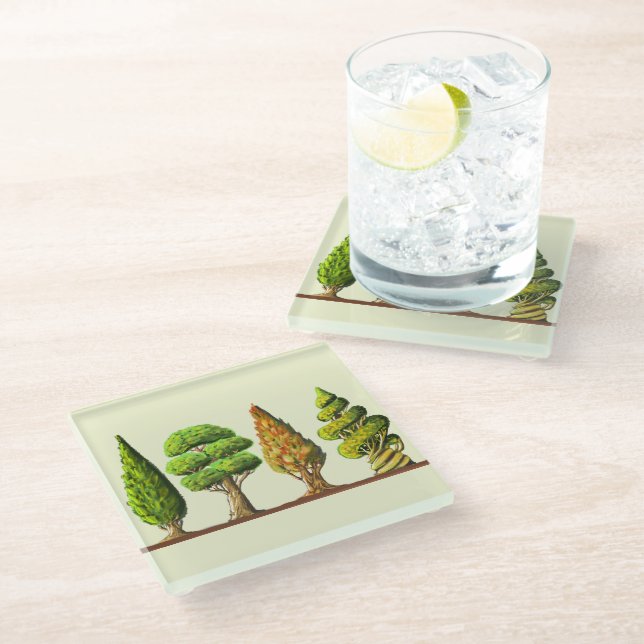 table of three carved trees digital drawing glass coaster (Angled)