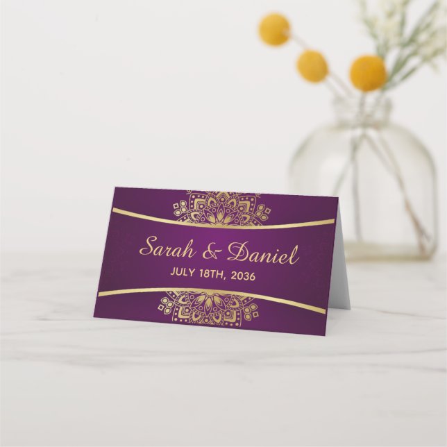 Table Place Card Gold Mandala on Purple Wedding (Front)