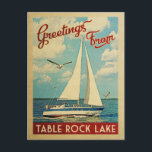 Table Rock Lake Sailboat Vintage Travel Missouri Postcard<br><div class="desc">This Greetings From Table Rock Lake Missouri vintage travel nautical design features a boat sailing on the water with seagulls and a blue sky filled with gorgeous puffy white clouds.</div>