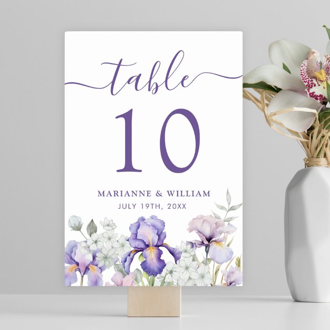 Table Romantique violet Iris Floral Mariage Numéro de ta (Romantic Purple Iris Floral Wedding Table Number)