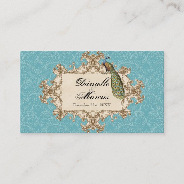 Table Seating - Blue Vintage Peacock & Etchings Place Card (Front)