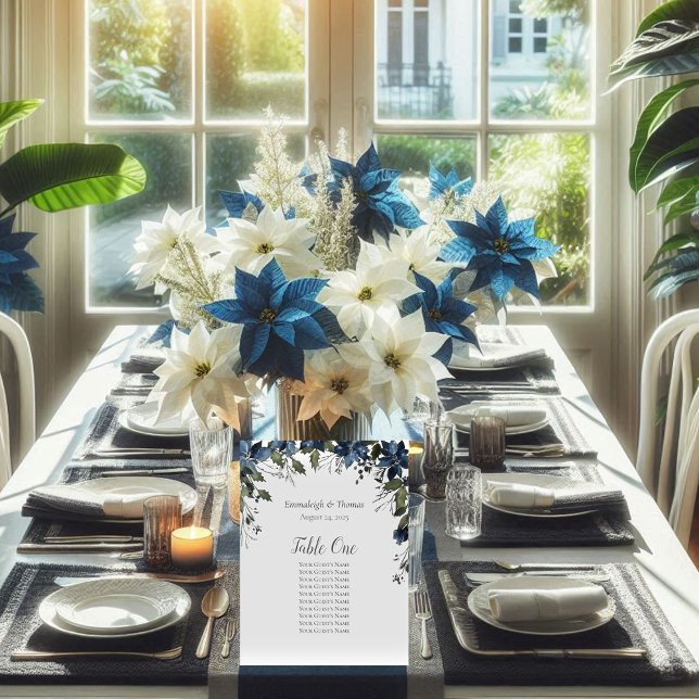 Table Seating Chart Poinsettia Floral Navy Blue Pedestal Sign (Creator Uploaded)