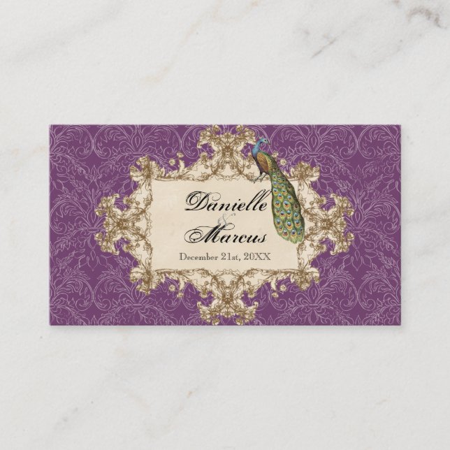 Table Seating - Purple Vintage Peacock & Etchings Place Card (Front)