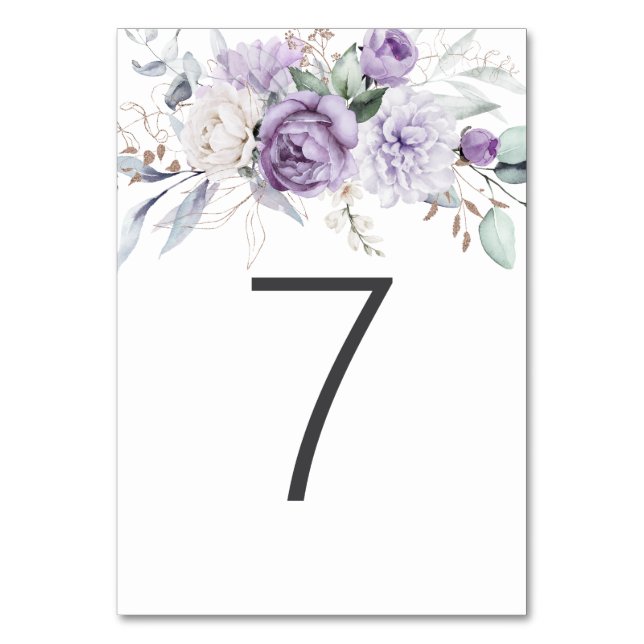 Table Seven Watercolor Purple Floral Wedding Number (Front)