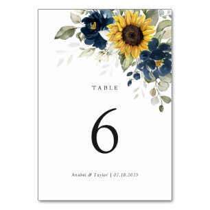 Table Sunflower Marine Blue Floral Mariage Numéro de tab
