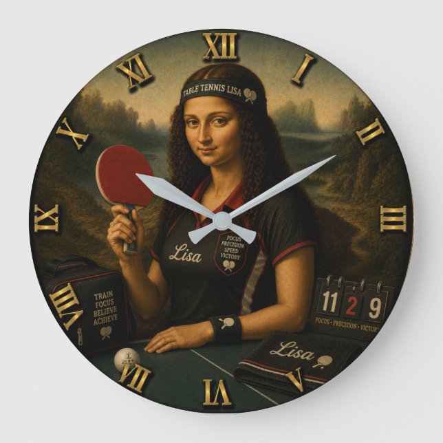 Table Tennis Funny Mona Lisa Ping Pong Large Clock (Front)