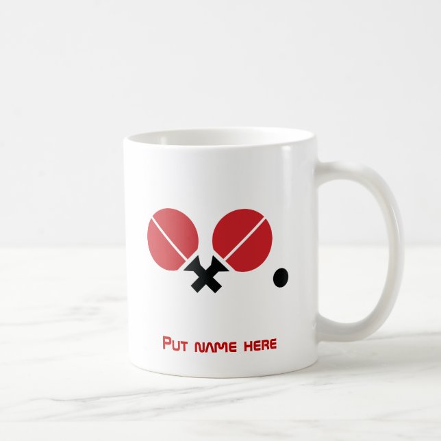 Table tennis ping-pong rackets and ball black, red coffee mug (Right)